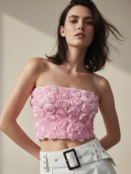 Outzidr - Pink Floral 3D Trim Top