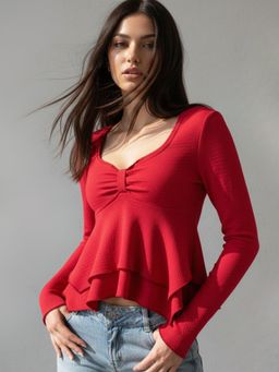 Outzidr - Red Sweetheart Neckline 2 Tiered Top