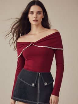 Outzidr - Red Cape Styled Neck Lace Inserts Top