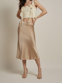 Outzidr - Beige High Waist Flared Satin Skirt