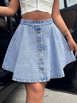 Outzidr - Blue Flared Button Up Denim Skirt
