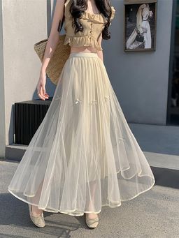 Outzidr - Cream A-Line Maxi Tulle Skirt