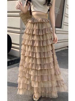 Outzidr - Beige Multi Ruffled Tiered Maxi Skirt