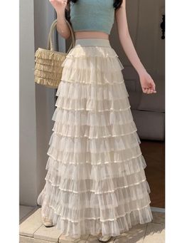 Outzidr - Cream Multi Ruffled Tiered Maxi Skirt