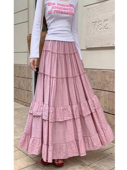 Outzidr - Pink Textured Layered Ruffled Skirt