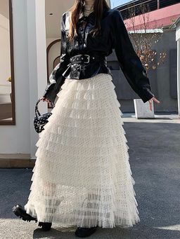 Outzidr - White Multi Ruffled Maxi Skirt