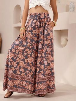 Outzidr - Grey Paper Bag Waistband Printed Palazzo