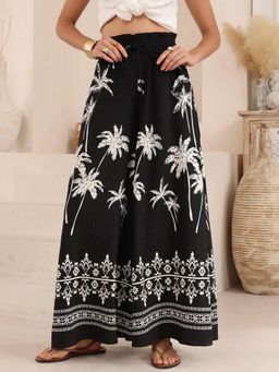 Outzidr - Black Paper Bag Waistband Printed Palazzo