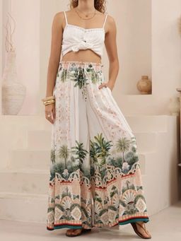 Outzidr - White Paper Bag Waistband Printed Palazzo