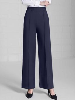 Outzidr - Navy Blue Solid Wide Leg Pant