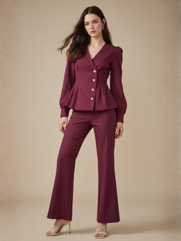 Outzidr - Women Wine Polyester Solid Top with Pant