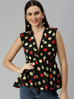 SHOWOFF - Women Plunging Neck Polka Dots Black Regular Top