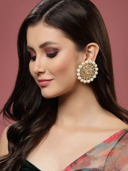 PANASH - Gold Plated Kundan and Pearls Stone Circular Shaped Oversize Stud Earrings