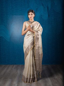 EXCLUSIVA - Beige Soft Linen and Tissue Silk Saree with Unstitched Blouse
