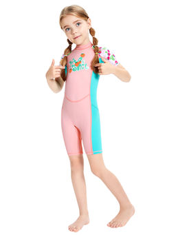 Little Surprise Box - Knee Length Dive Baby Pink Strawberry Printed Kids Swimsuit with Bag