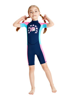 Little Surprise Box - Knee Length Dive Navy Blue Mermaid Block Printed Kids Swimsuit with Bag