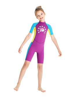 Little Surprise Box - Knee Length Dive Purple Mermaid Block Printed Kids Swimsuit with Bag