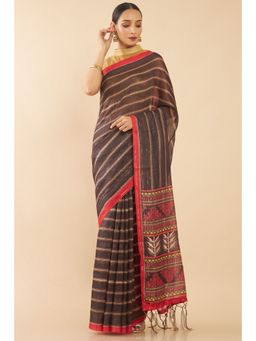 Soch - Women Brown Stripes Saree with Unstitched Blouse