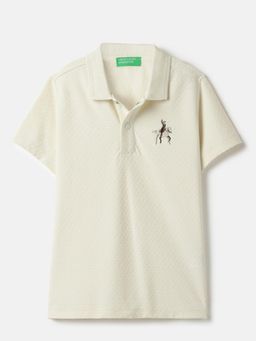 United Colors of Benetton - Cream Regular Fit Self Design Polo T-shirt