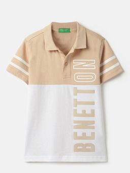 United Colors of Benetton - Beige Regular Fit Typography Printed Polo T-shirt