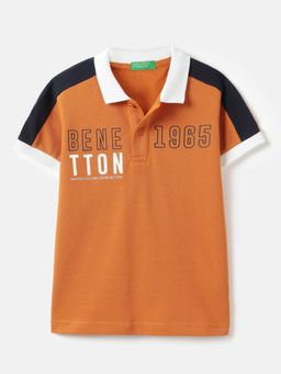 United Colors of Benetton - Orange Regular Fit Typography Printed Polo T-shirt