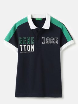 United Colors of Benetton - Navy Blue Regular Fit Typography Polo T-shirt