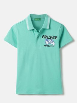 United Colors of Benetton - Turquoise Regular Fit Typography Polo T-shirt