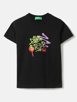 United Colors of Benetton - Black Regular Fit Round Neck Typography T-shirt