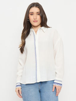 Madame - Women White Textured Rayon Full Sleeve Shirt