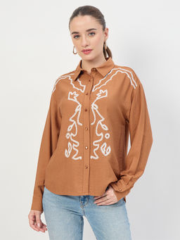 Madame - Women Brown Embroidered Rayon Full Sleeve Shirt