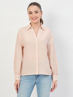 Madame - Women Beige Ruched Sleeve Full Sleeve Shirt