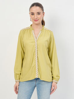 Madame - Women Lime Green Viscose Embroidery Trim Top