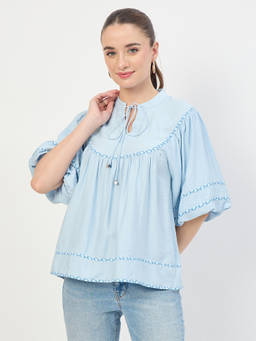Madame - Women Blue Aura Rayon Embroidery Trim Ruffle Top
