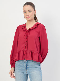 Madame - Women Maroon Frill Sleeve V-Neck Top