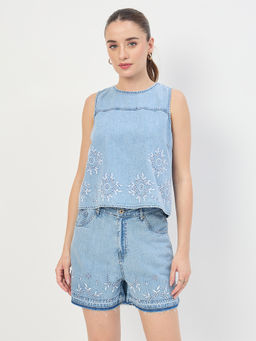 Madame - Women Ice Blue Cotton Tencel Embroidered Denim Top