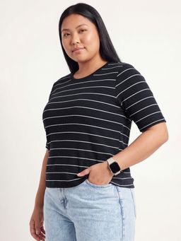max - Women Navy Blue Striped T-shirt