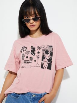 max - Women Pink Printed Relaxed Fit T-shirt