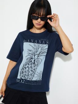max - Women Navy Blue Printed Relaxed Fit T-shirt