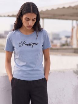 max - Women Blue Typography T-shirt