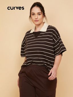 max - Women Brown Striped Polo T-shirt