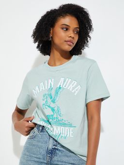 max - Women Blue Printed Relaxed Fit T-shirt