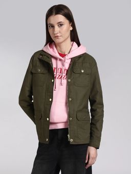 Tommy Hilfiger - Women Olive Regular Fit Cotton High-Neck Jacket
