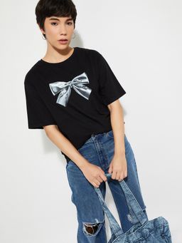 max - Women Black Oversized Printed T-shirt