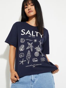 max - Women Navy Blue Printed Relaxed Fit T-shirt