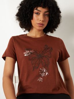 max - Women Brown Floral Print T-shirt