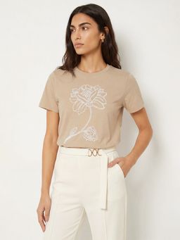 max - Women Beige Floral Print T-shirt