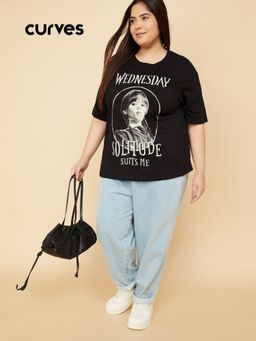 max - Women Black Alaya F X Wednesday Graphic Print Oversized T-shirt