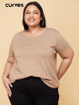 max - Women Beige Cotton Solid Round Neck T-shirt