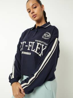 max - Women Navy Blue Typography Boxy Fit Polo T-shirt