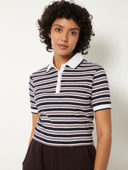 max - Women Navy Blue Striped Polo T-shirt